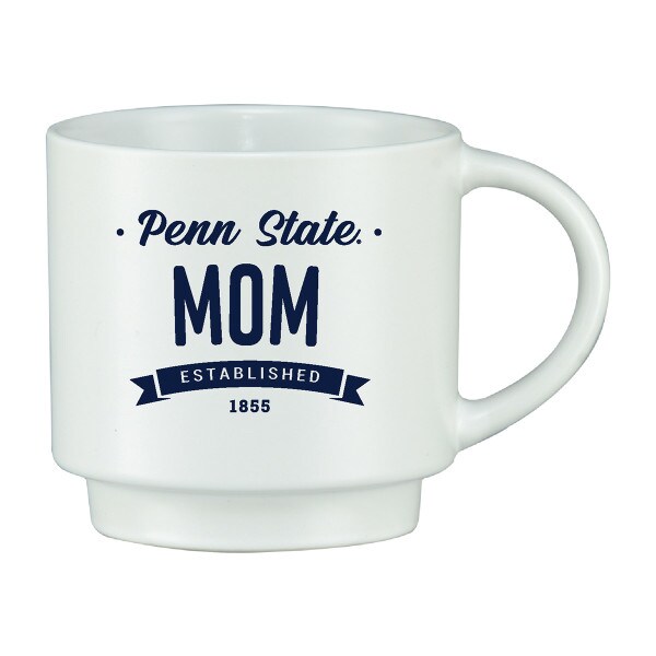 white stackable mug with Penn State Mom Established 1855